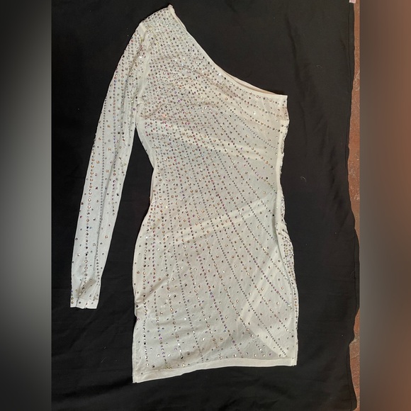 Crystal rhinestone, zipper and mesh one-shoulder dress - Picture 3 of 4